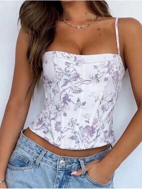 White Fox Boutique White Floral Corset Tank with Lilac Accents